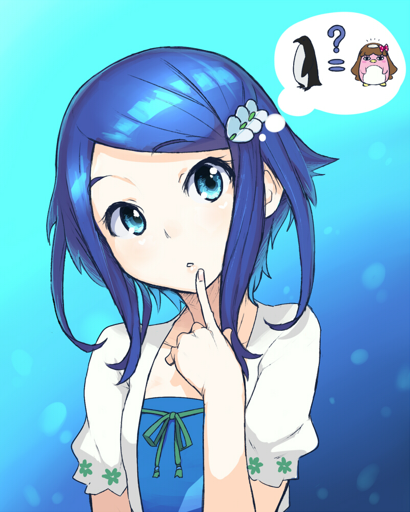 1girl, ?, bird, blue_eyes, blue_hair, blush, chiwino, female_focus