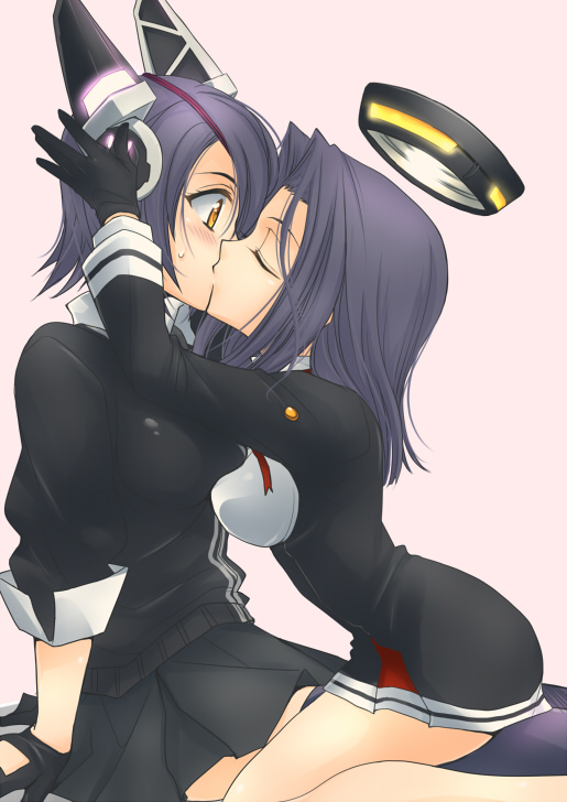 10s, 2girls, blush, breast_press, closed_eyes, gloves, halo, head_hold, headgear, kantai_collection, kiss, md5_mismatch, mechanical_halo, multiple_girls, personification, purple_hair, school_uniform, short_hair, sousui_hani, sweatdrop, symmetrical_docking, tatsuta_(kancolle), tenryuu_(kancolle), thighhighs, yellow_eyes, yuri