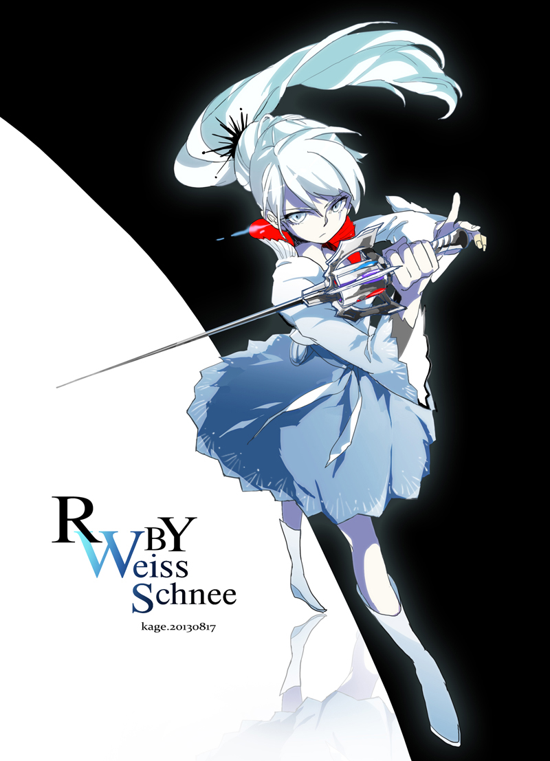 1girl, artist_name, character_name, copyright_name, dated, dress, female_focus, full_body, kage1101, kageuri, long_hair, ponytail, rapier, rwby, scar, solo, sword, weapon, weiss_schnee, white_hair