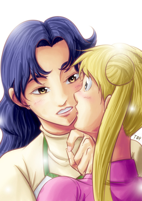 1990s_(style), 2girls, artist_name, bishoujo_senshi_sailor_moon, blonde_hair, blue_eyes, blue_hair, blush