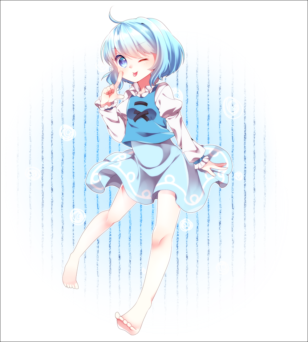 1girl, ;p, barefoot, blue_eyes, blue_hair, blush, female_focus, heterochromia