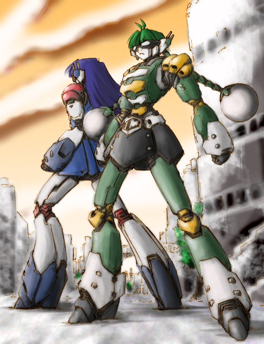 blue_hair, cityscape, cloud, green_hair, idolmaster, kisaragi_(mujin_gattai_kisaragi), mujin_gattai_kisaragi, no_humans