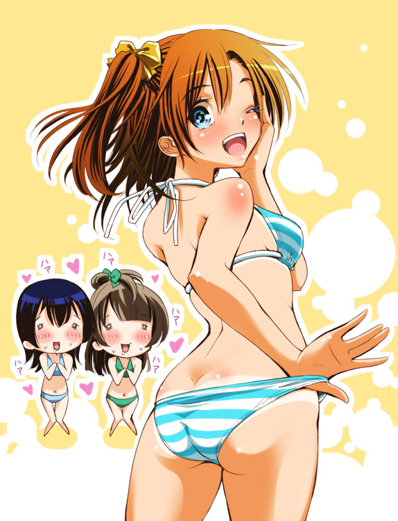 10s, 3girls, ;d, aqua_bikini, bikini, bikini_tan, blue_eyes, blue_hair, blush, brown_hair, butt_crack, full-face_blush, gabetoshi, green_bikini, hand_on_own_cheek, hand_on_own_face, heart, kosaka_honoka, long_hair, looking_back, love_live!, love_live!_school_idol_project, minami_kotori, multiple_girls, one_eye_closed, open_mouth, orange_hair, shiny_skin, short_hair, side_ponytail, skindentation, smile, sogabe_toshinori, sonoda_umi, striped_bikini, striped_clothes, swimsuit, tan, tanline, wink