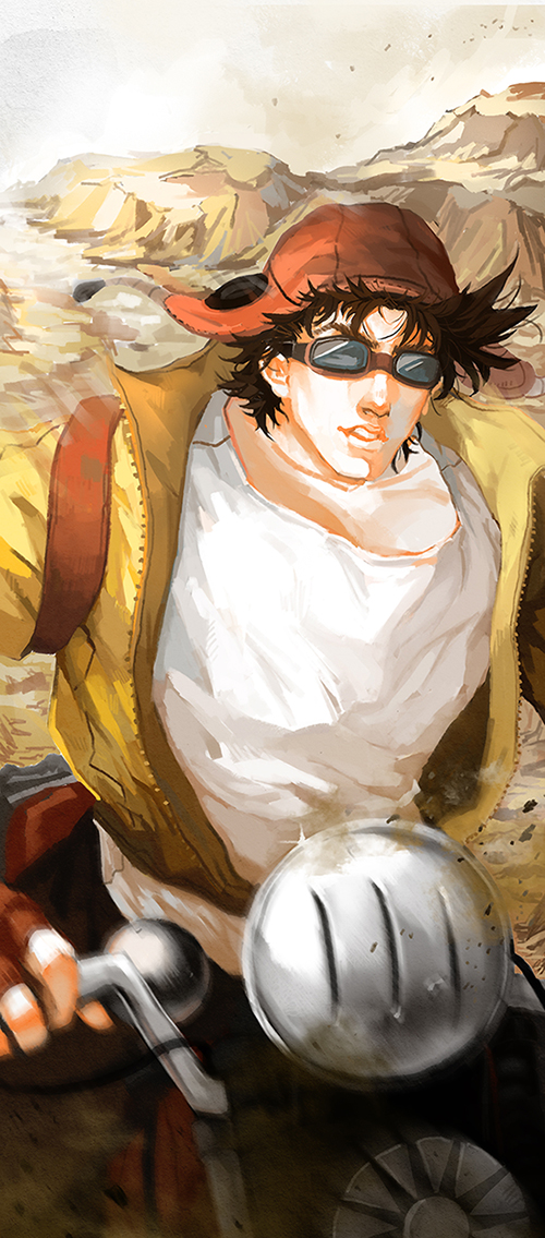 1boy, aruolrn, brown_hair, fingerless_gloves, gloves, goggles, hat, jojo_no_kimyou_na_bouken