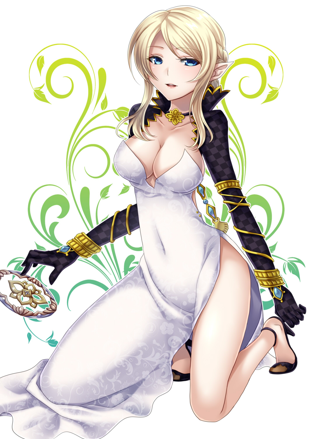 1girl, blonde_hair, blue_eyes, breasts, cleavage, detached_sleeves, elbow_gloves, elf, female_focus, gloves, high_elf, highres, jewelry, long_hair, lots_of_jewelry, pointy_ears, solo, soraeda, tera_online
