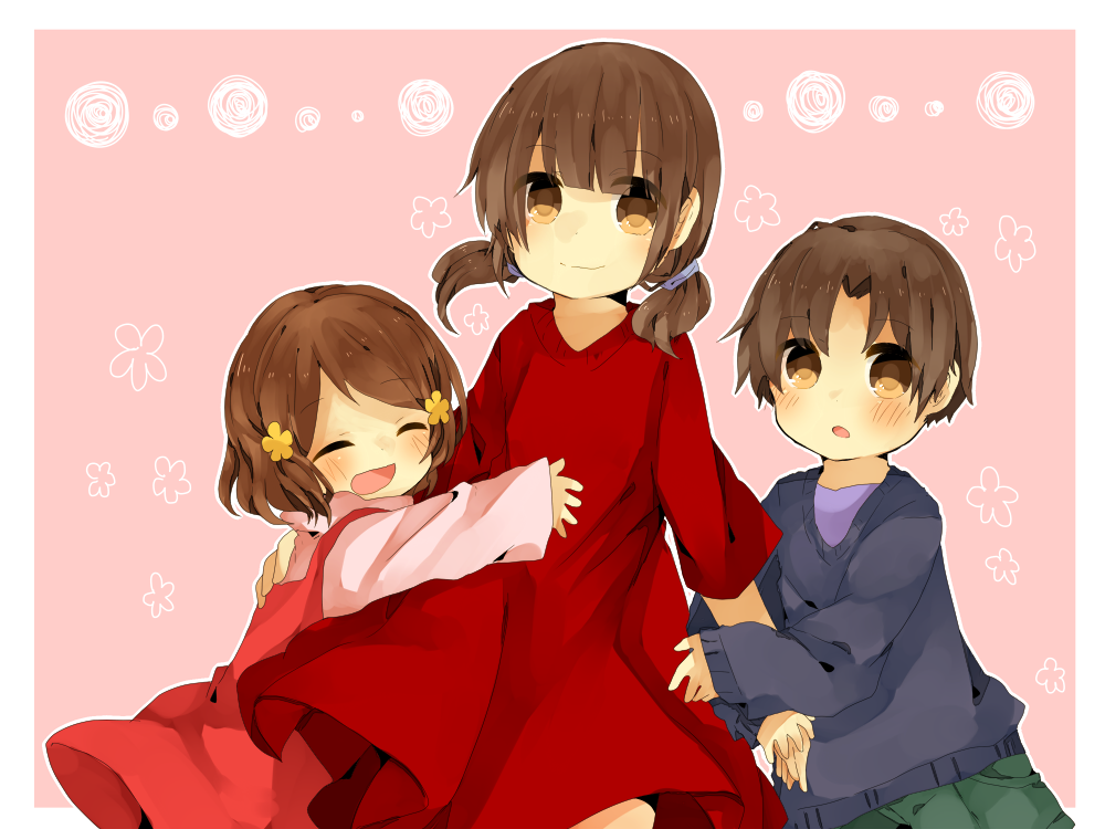 1boy, 2girls, blush, brown_eyes, brown_hair, corpse_party, dress, closed_eyes