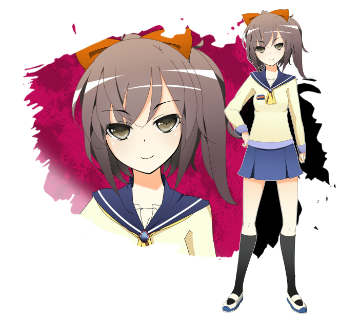 1girl, bow, brown_eyes, brown_hair, corpse_party, female_focus, hair_bow, hand_on_own_hip