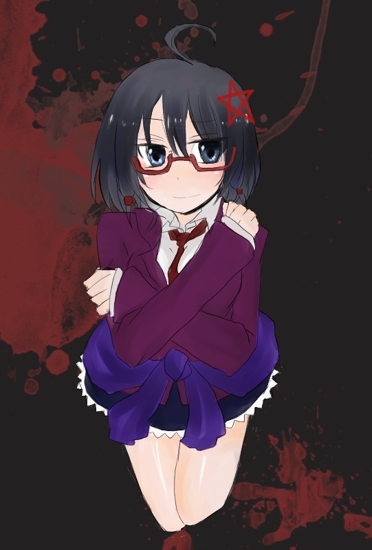 1girl, black_hair, blood, blue_eyes, corpse_party, female_focus, glasses, hair_ornament
