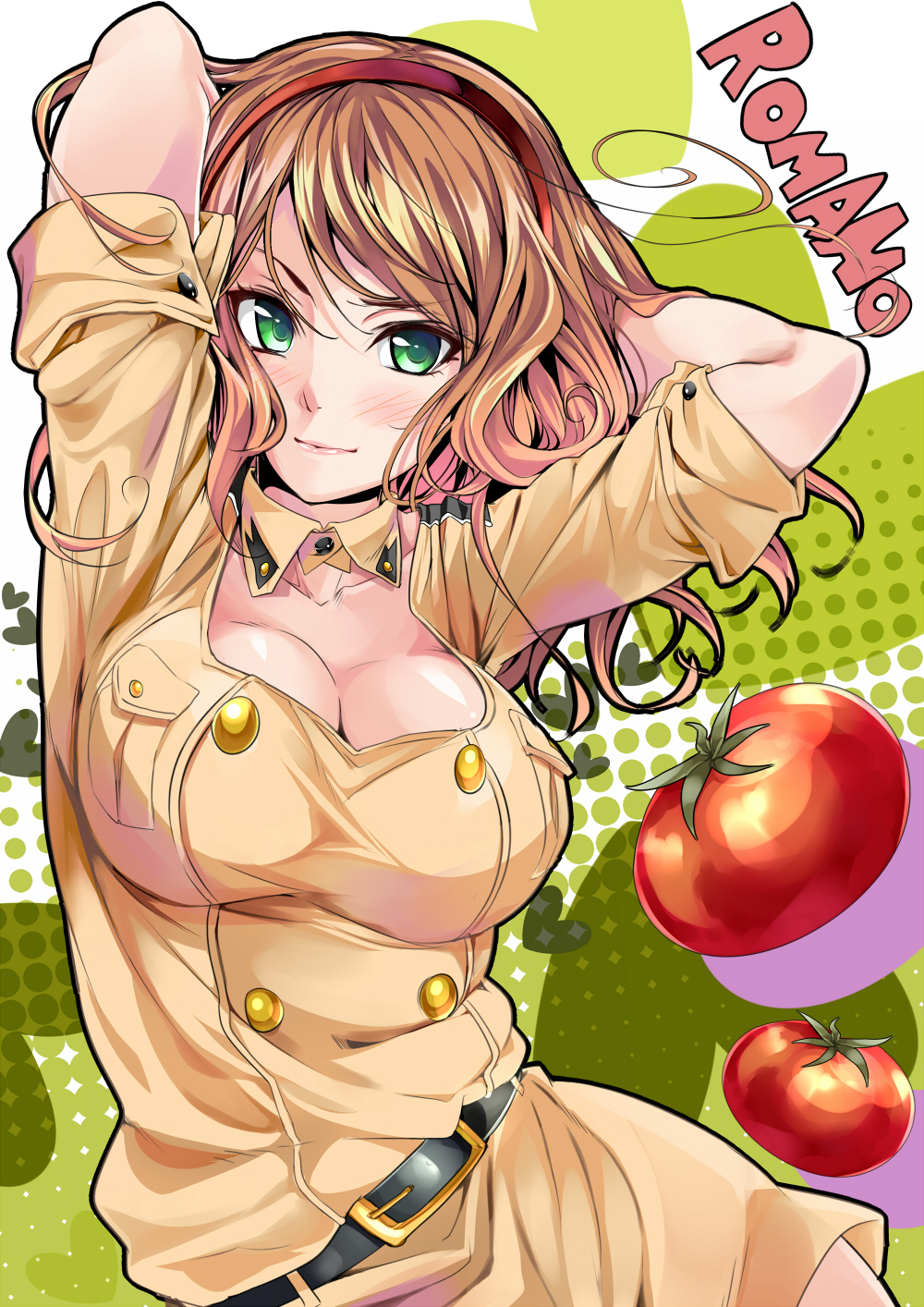 1girl, ahoge, arms_up, axis_powers_hetalia, bad_id, bad_pixiv_id, belt, blush, breasts, brown_hair, buttons, character_name, cleavage, collarbone, detached_collar, female_focus, gender_request, genderswap, green_eyes, hairband, halftone, heart, highres, large_breasts, marushin_(denwa0214), military, military_uniform, short_hair, solo, southern_italy_(female)_(hetalia), southern_italy_(hetalia), tomato