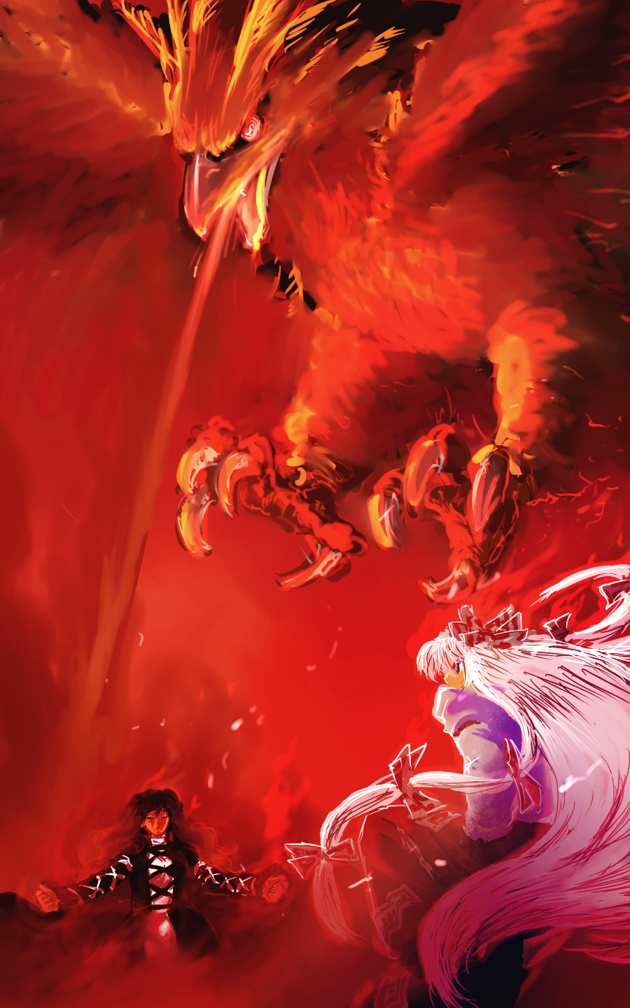 2girls, battle, bird, breath_weapon, breathing_fire, fire, fujiwara_no_mokou, hair_between_eyes