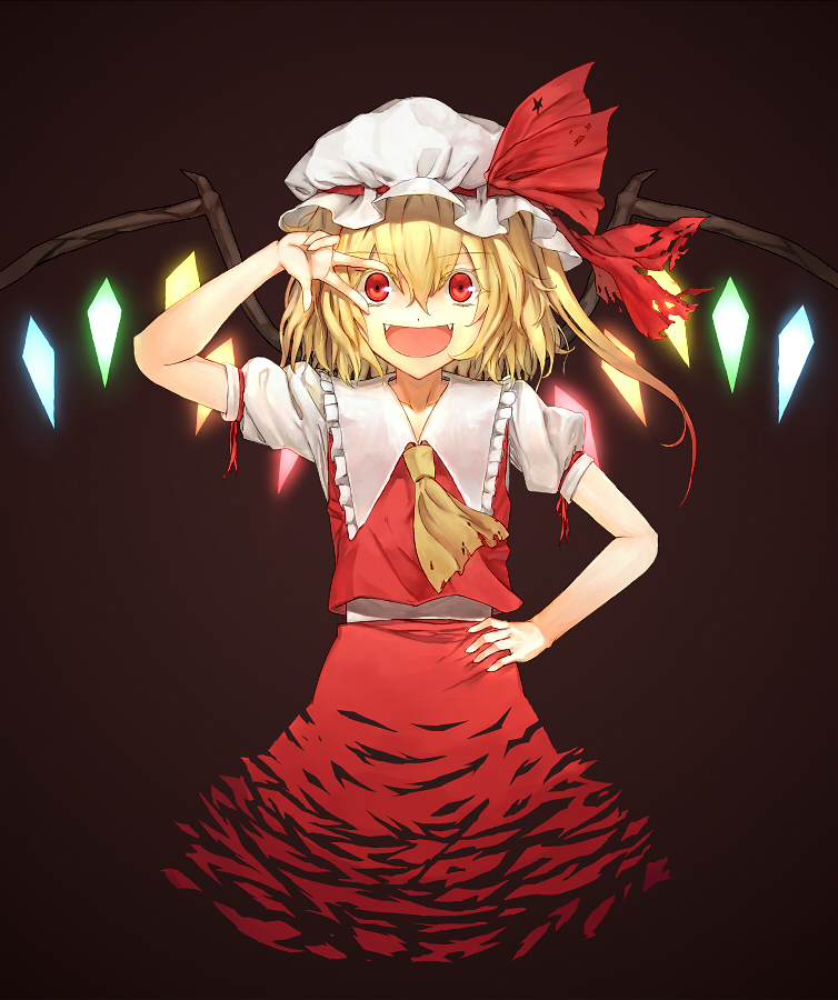 1girl, :d, ascot, blonde_hair, fangs, female_focus, flandre_scarlet, hand_on_own_hip