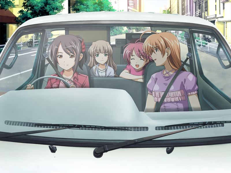 1boy, 3girls, brown_eyes, brown_hair, car, closed_eyes, crossdressing, game_cg