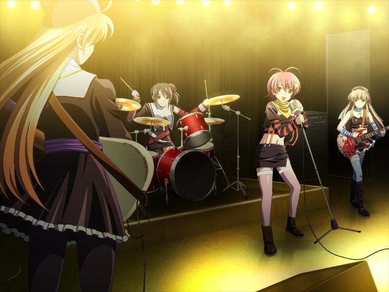 1boy, 3girls, brown_eyes, brown_hair, crossdressing, drum, game_cg, green_eyes