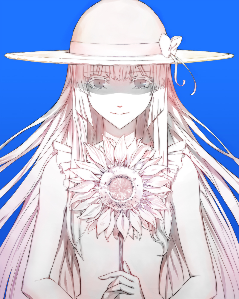 10s, 1girl, blue_background, dress, female_focus, flower, fuwa_aika, hat