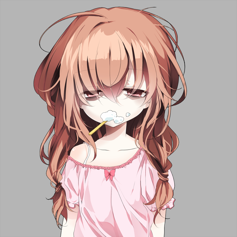 1girl, bags_under_eyes, blouse, braid, brown_hair, brushing_teeth, emam_0201, emia_(castilla), female_focus, grey_background, madotsuki, messy_hair, off_shoulder, pajamas, pink_shirt, shirt, sleepy, solo, toothbrush, toothpaste, twin_braids, twintails, yume_nikki