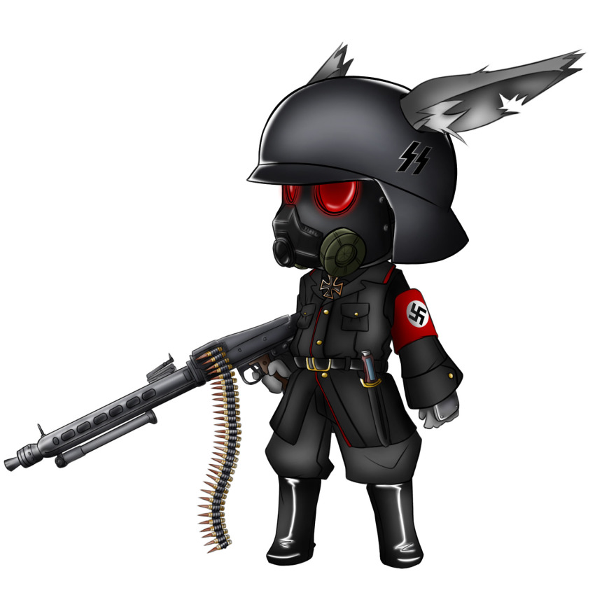 1boy, animal_ears, armband, chibi, cross, ears_through_headwear, full_body, gas_mask, gun, helmet, highres, iron_cross, machine_gun, male_focus, mask, mg42, military, military_uniform, moodycat, nazi, reichsadler, simple_background, solo, swastika, weapon, white_background