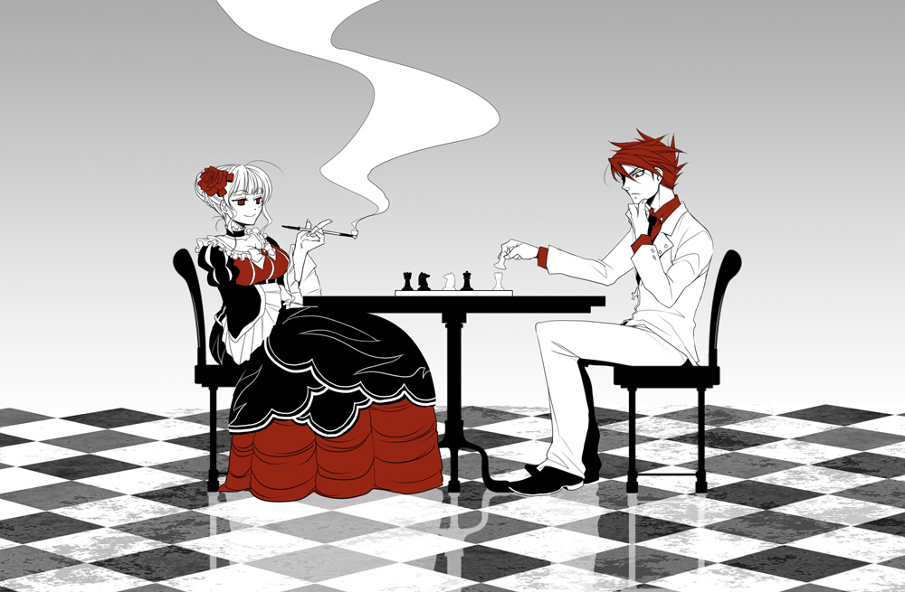 1boy, 1girl, beatrice_(umineko), board_game, bow, checkered_floor, chess, chess_piece