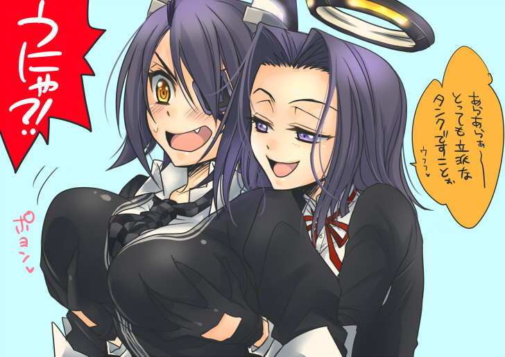 10s, 2girls, blush, breasts, eyepatch, fang, gloves, grabbing_another's_breast
