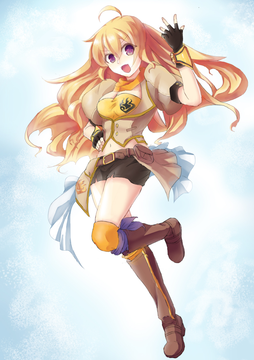 1girl, blonde_hair, boots, breasts, cleavage, female_focus, fingerless_gloves, gauntlets, gloves, highres, himonoata, long_hair, purple_eyes, rwby, solo, td, yang_xiao_long