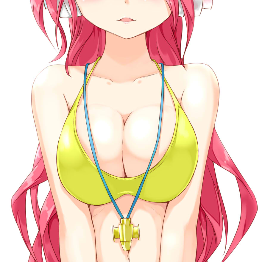 1girl, bare_shoulders, bemani, bikini, blush, breasts, cleavage, collarbone