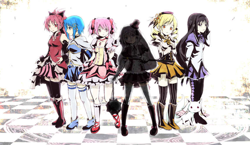 10s, 6+girls, akemi_homura, akemi_homura_(magical_girl), argyle_clothes, argyle_legwear, bare_shoulders, beret