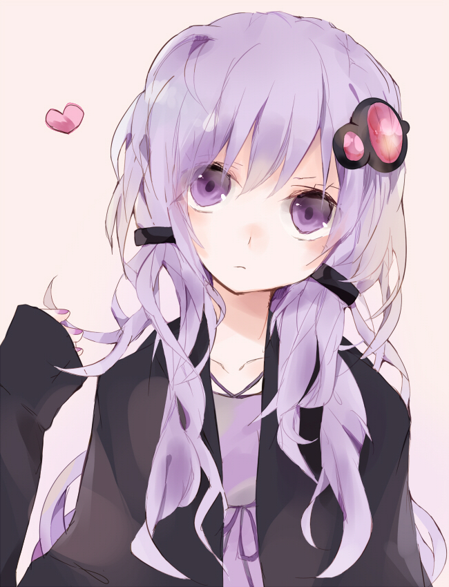1girl, bad_id, bad_pixiv_id, female_focus, hair_ornament, head_tilt, heart, long_hair, long_sleeves, looking_at_viewer, low_twintails, messy_hair, mochisiku, nail_polish, purple_eyes, purple_hair, simple_background, sleeves_past_wrists, solo, twintails, upper_body, vocaloid, voiceroid, yuzuki_yukari