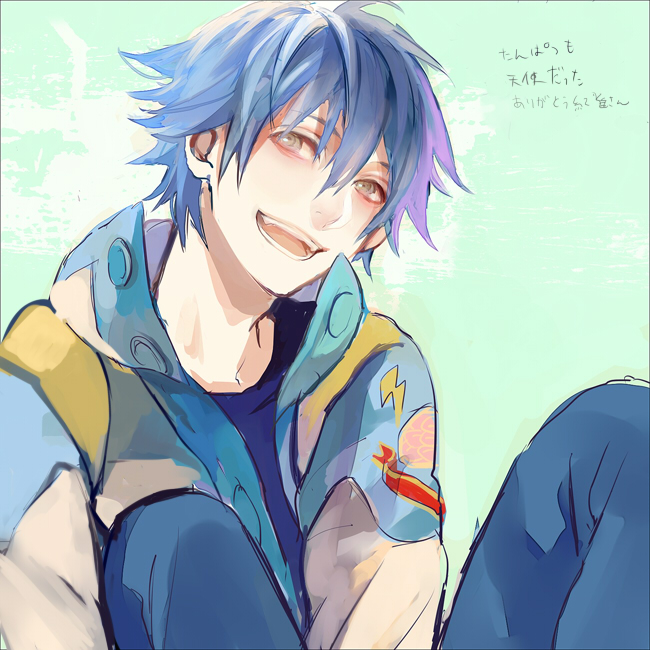 10s, 1boy, alternate_hairstyle, bad_id, bad_pixiv_id, blue_hair, brown_eyes, dramatical_murder