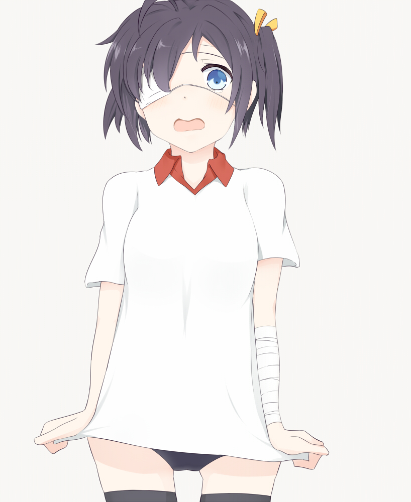 10s, 1girl, ahoge, bandages, black_hair, black_thighhighs, blue_eyes, blush