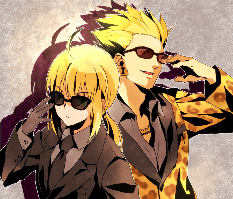 1boy, 1girl, ahoge, animal_print, artoria_pendragon_(fate), blonde_hair, earrings, fate/stay_night