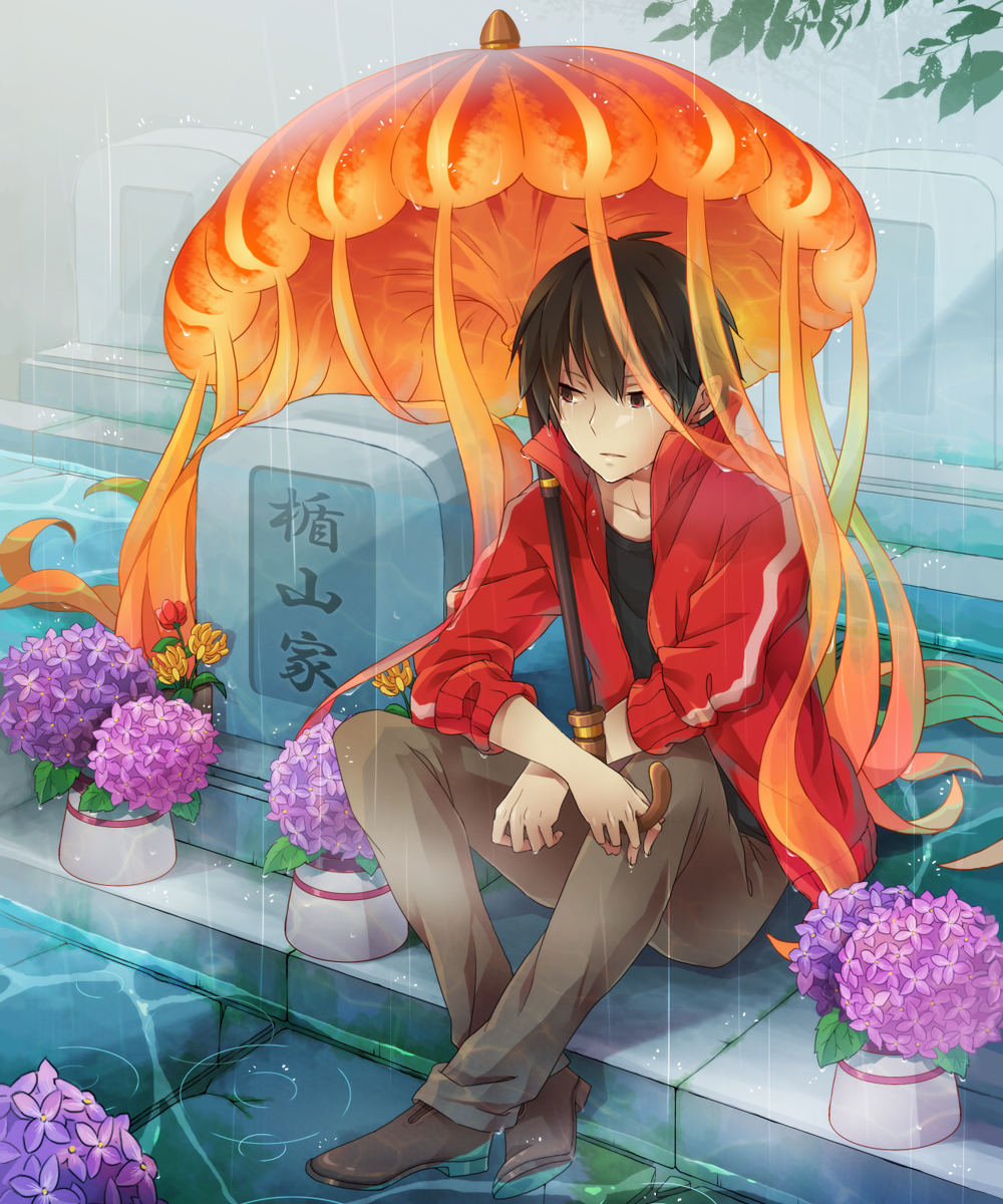 1boy, aa_shirotakabu, bad_id, bad_pixiv_id, black_shirt, brown_eyes, brown_hair, brown_legwear, brown_shoes, flower, highres, hydrangea, jacket, jellyfish, kagerou_project, kisaragi_shintarou, male_focus, rain, red_jacket, shirt, shoes, solo, tombstone, umbrella