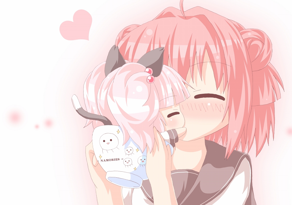 2girls, ^_^, ahoge, akaza_akari, animal_ears, blunt_bangs, blush, bob_cut