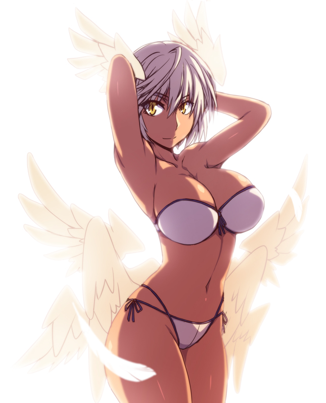1girl, armpits, arms_behind_head, backlighting, bad_id, bad_pixiv_id, bare_shoulders, bikini, breasts, cleavage, dark-skinned_female, dark_skin, feathers, female_focus, front-tie_top, head_wings, large_breasts, light_smile, lilith_(shinrabanshou), low_wings, navel, shinrabanshou, short_hair, side-tie_bikini_bottom, silver_hair, solo, swimsuit, takebouzu, wings, yellow_eyes