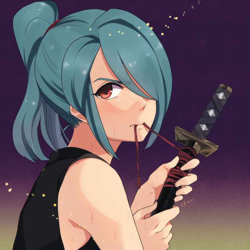 1boy, blue_hair, hair_over_one_eye, ichimatsu_(niru), inazuma_eleven, inazuma_eleven_(series), katana, kazemaru_ichirouta, long_hair, male_focus, mouth_hold, ponytail, red_eyes, sleeveless, solo, sweat, sword, weapon