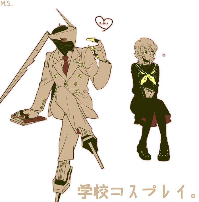 1girl, anger_vein, atlus, averting_eyes, black_pantyhose, blush, crossed_legs, flat_color, formal_clothes, geta, helmet, husband_and_wife, invisible_chair, izanagi_no_okami, izanami_(persona), mina_shon, necktie, pantyhose, persona, persona_4, pointing, pointing_at_self, school_uniform, serafuku, shin_megami_tensei, sitting, suit, tengu-geta, valentine, white_hair, white_suit