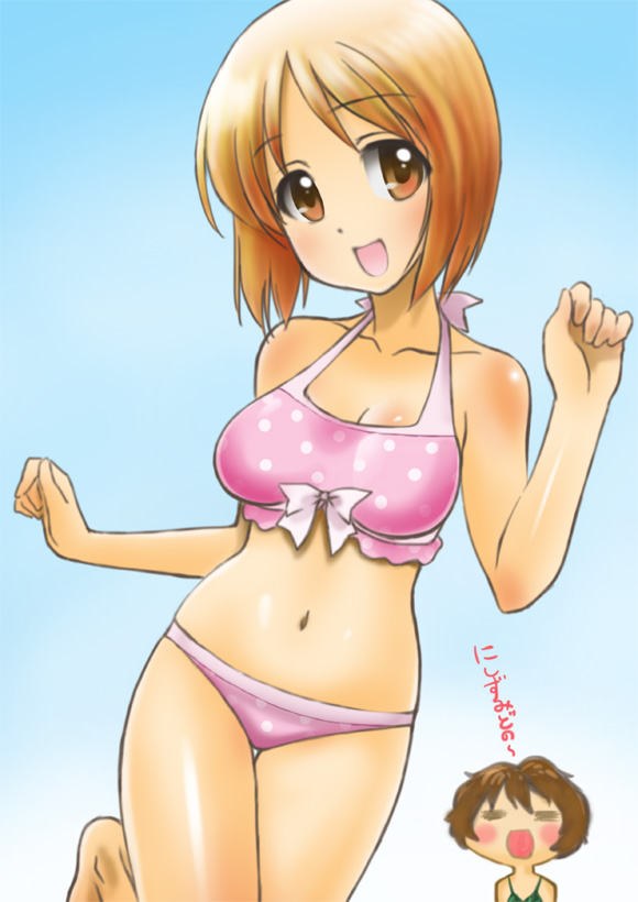 10s, 2girls, akiyama_yukari, bikini, breasts, brown_eyes, brown_hair, chaborin