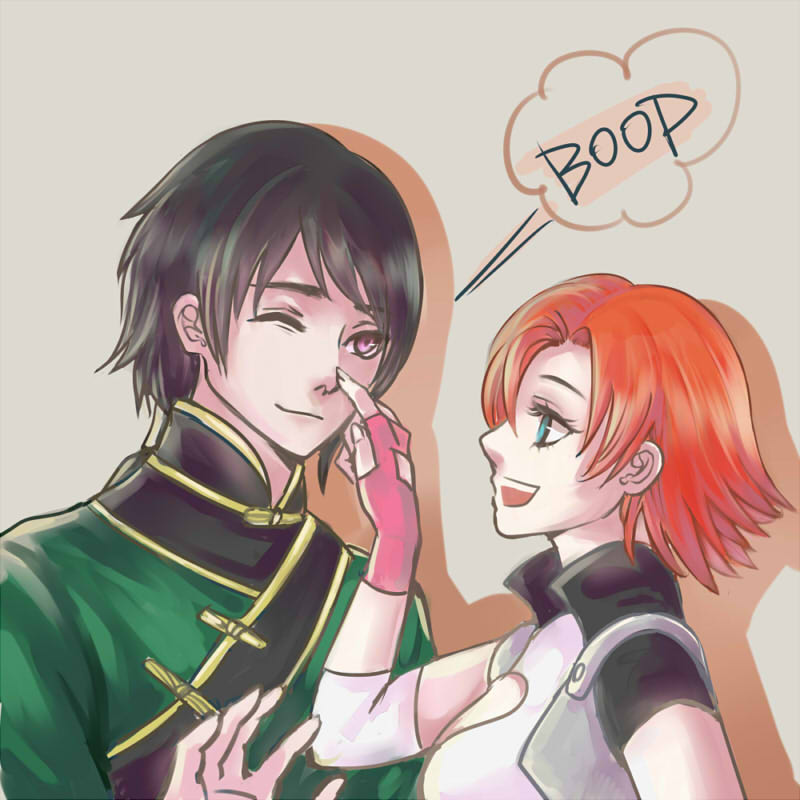 1boy, 1girl, aqua_eyes, black_hair, blue_eyes, changpao, chinese_clothes, english_text, fingerless_gloves, flipped_hair, gloves, lie_ren, nora_valkyrie, one_eye_closed, open_mouth, orange_hair, pink_eyes, poking_nose, rwby, sasora, simple_background, smile, speech_bubble, wink