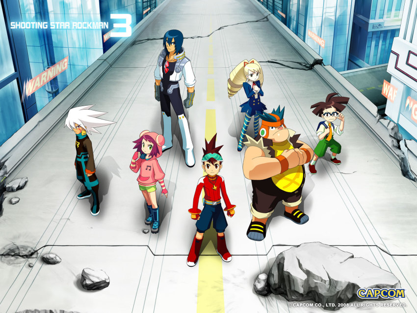 00s, 2girls, 5boys, a.c._eos_(mega_man), bud_bison_(mega_man), capcom, drill_hair, everyone