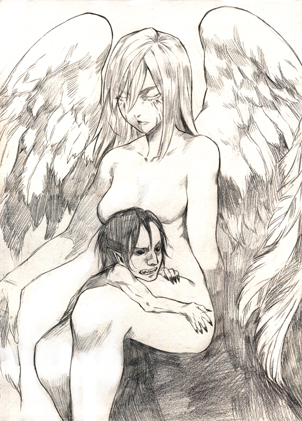 1girl, angel, angel_wings, krista_lenz, jaw_titan, closed_eyes, feathered_wings, fingernails, graphite_(medium), hair_between_eyes, long_fingernails, long_hair, monochrome, monster, nude, shingeki_no_kyojin, short_hair, silvis, spoilers, titan_(shingeki_no_kyojin), traditional_media, wings