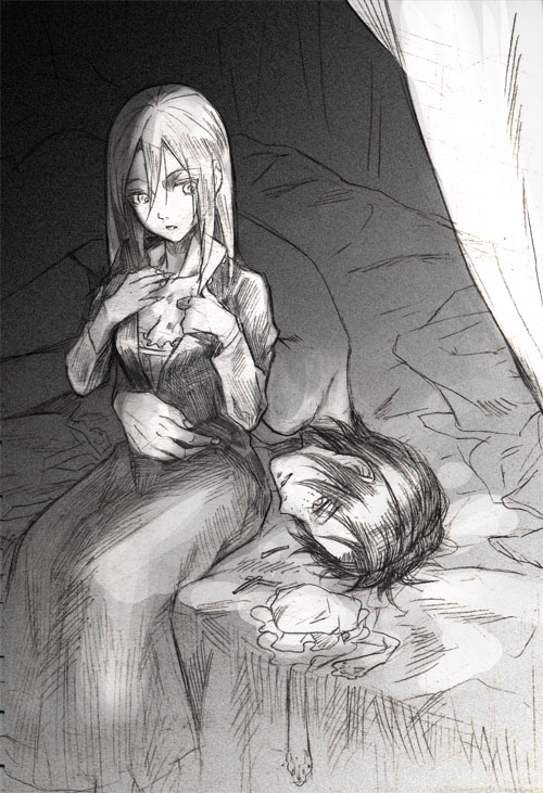 2girls, alternate_costume, bed, couple, dressing, enmaided, freckles, graphite_(medium)
