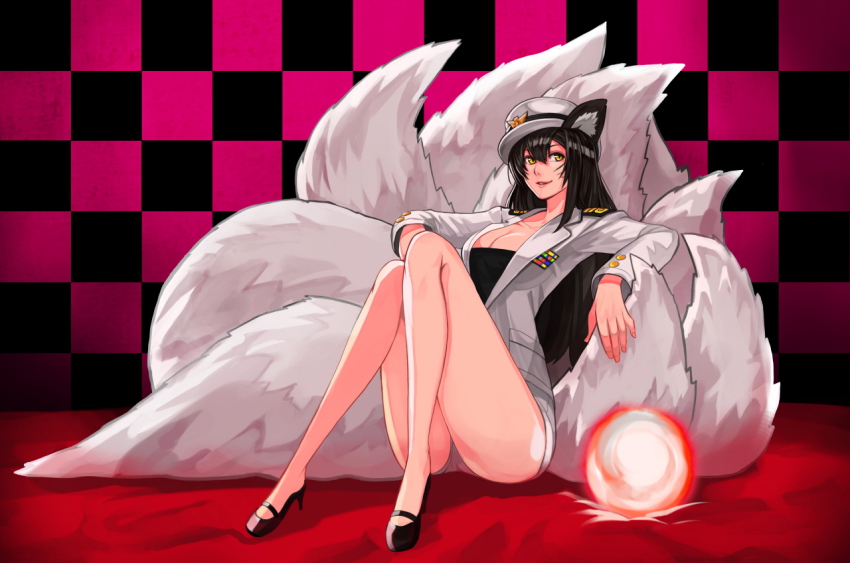 1girl, ahri_(league_of_legends), alternate_costume, animal_ears, black_hair, breasts, buttons, checkered_background