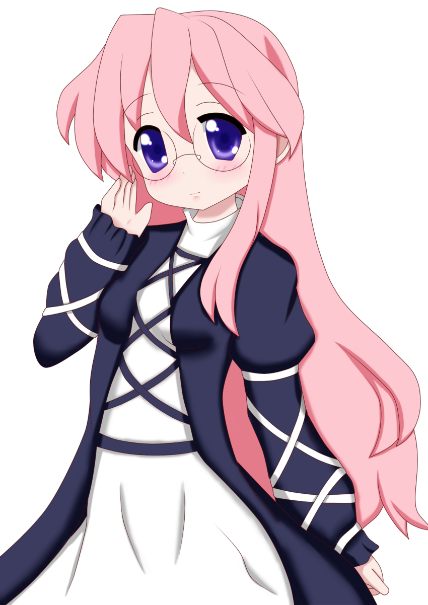 adjusting_eyewear, blue_eyes, blush, cosplay, crossover, dress, glasses, high_collar