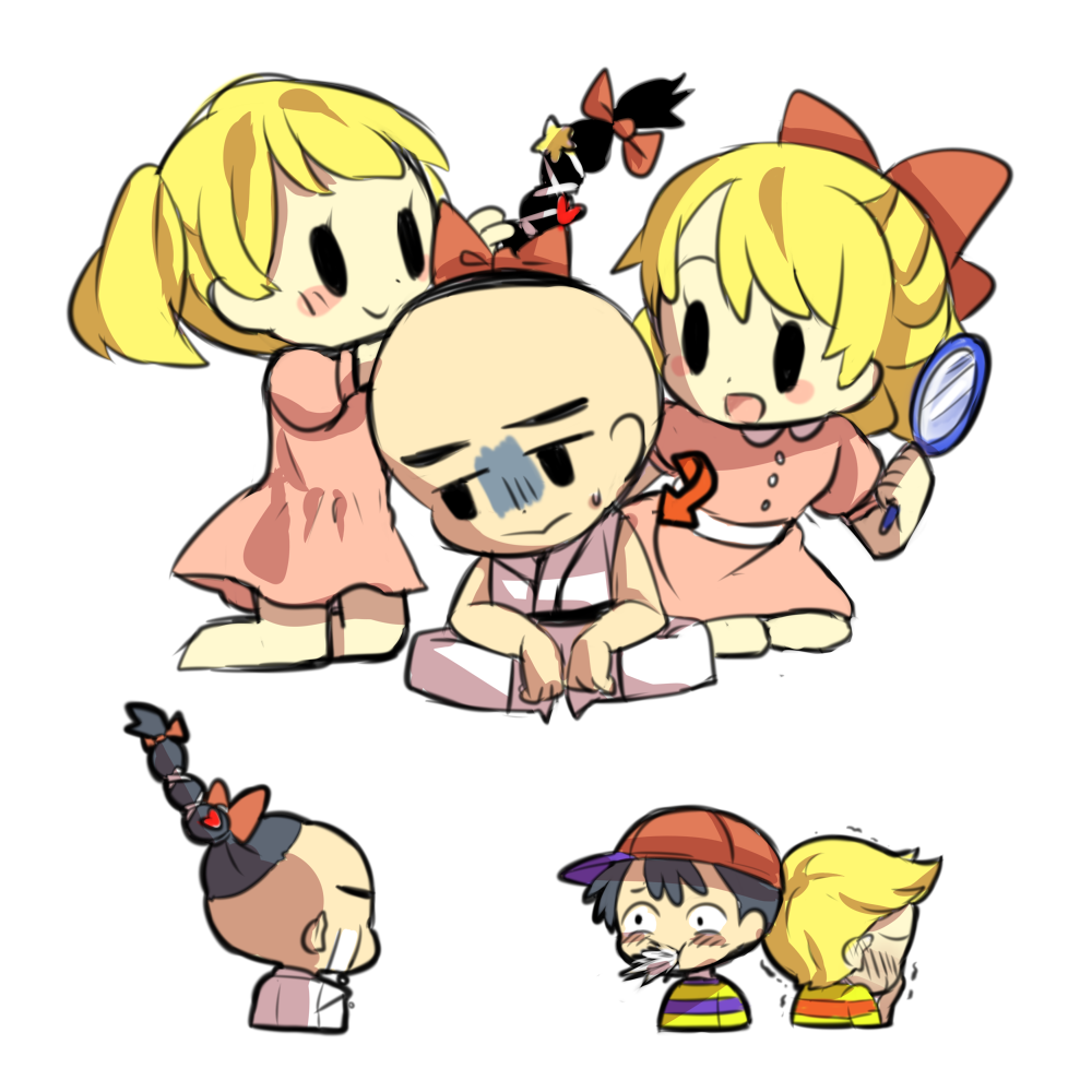 2girls, 3boys, ana_(mother), bad_id, bad_pixiv_id, black_eyes, black_hair, blonde_hair, braid, crying, dress, hand_mirror, hat, heart, lucas_(mother_3), mirror, mother_(series), mother_2, mother_3, multiple_boys, multiple_girls, ness_(mother_2), nintendo, paula_(mother_2), pink_dress, poo_(mother_2), quiff, ribbon, sanaknim, smile, star_(symbol)