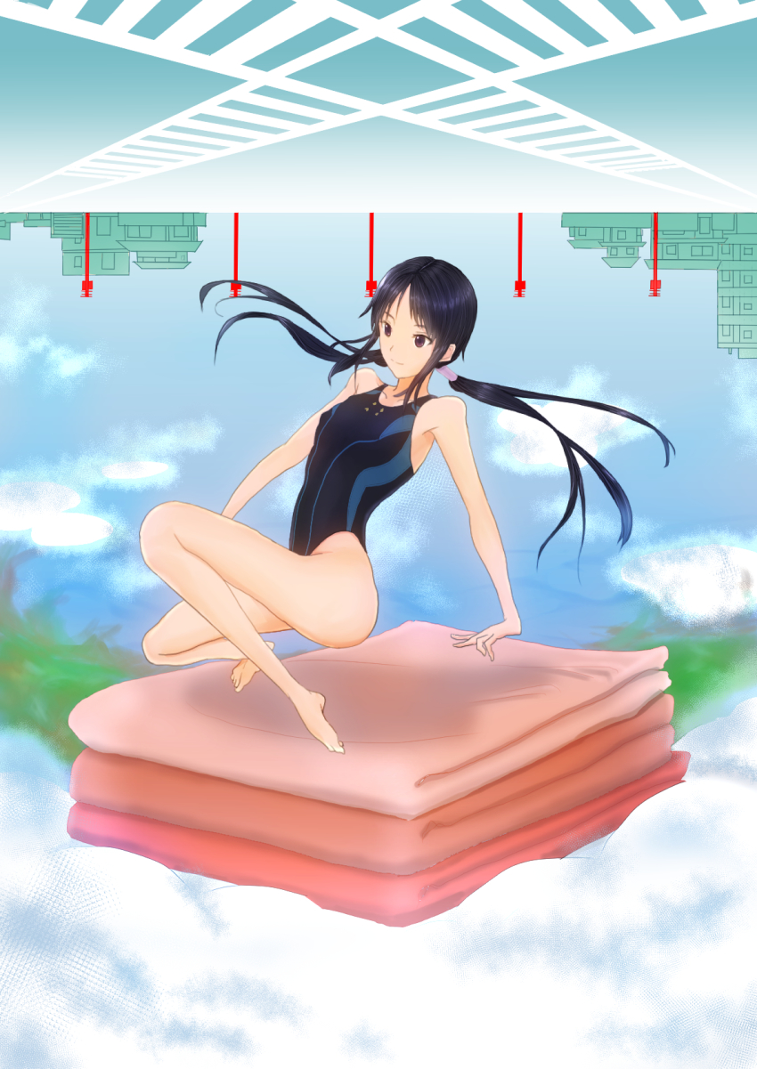 1girl, black_eyes, black_hair, competition_swimsuit, highres, long_hair, low_twintails, mat