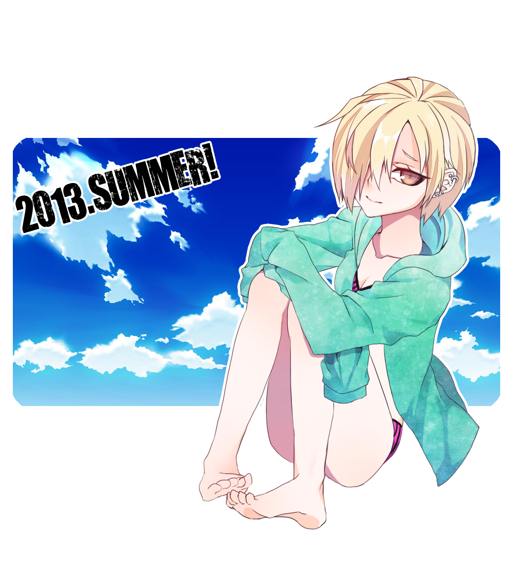 10s, 1girl, barefoot, bikini, blonde_hair, blush, brown_eyes, cloud