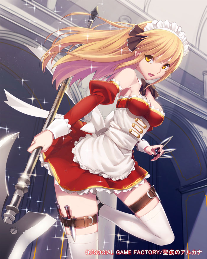 1girl, axe, bare_shoulders, between_fingers, blonde_hair, bow, bowtie, circle_skirt