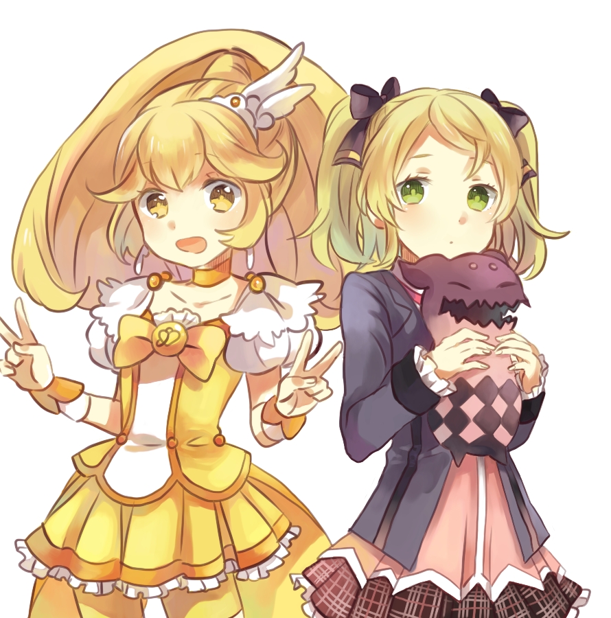 10s, 2girls, bad_id, bad_pixiv_id, blonde_hair, blush, bow, crossover