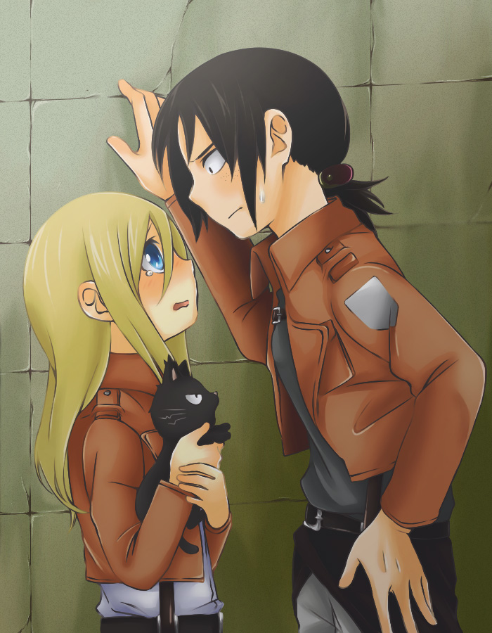 2girls, :o, animal, arablue, black_hair, blonde_hair, blue_eyes, brown_jacket