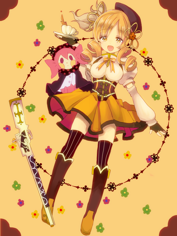 10s, 1girl, :d, arm_warmers, bad_id, bad_pixiv_id, beret, blonde_hair, boots, charlotte_(madoka_magica), cowboy_boots, cup, drill_hair, fingerless_gloves, gloves, gun, hat, long_hair, looking_at_viewer, magical_musket_(madoka_magica), mahou_shoujo_madoka_magica, mahou_shoujo_madoka_magica_(anime), open_mouth, patterned_legwear, pinstripe_pattern, plate, puffy_sleeves, saucer, shimotsuki_(ichiruki), skirt, smile, striped_clothes, striped_thighhighs, teacup, thighhighs, tomoe_mami, tomoe_mami_(magical_girl), twin_drills, vertical-striped_clothes, vertical-striped_thighhighs, weapon, yellow_eyes