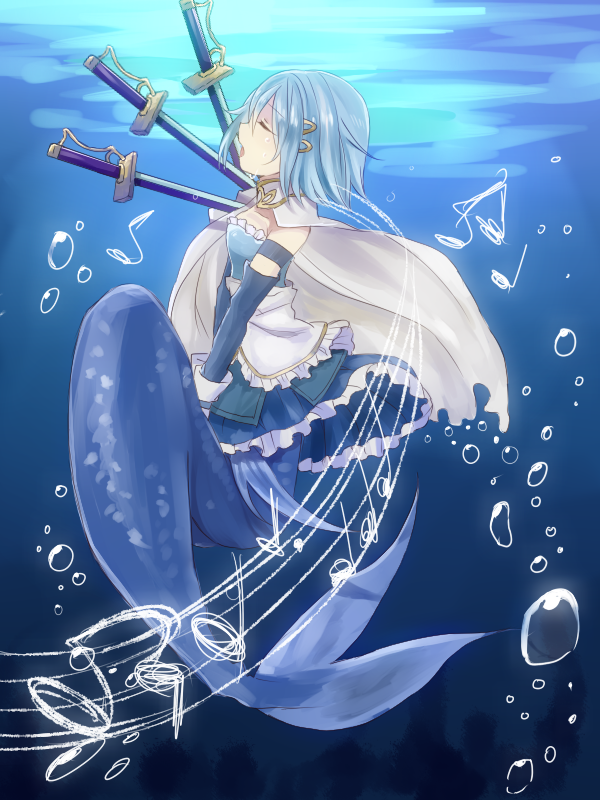 10s, 1girl, bad_id, bad_pixiv_id, beamed_quavers, blue_hair, bubble, cape