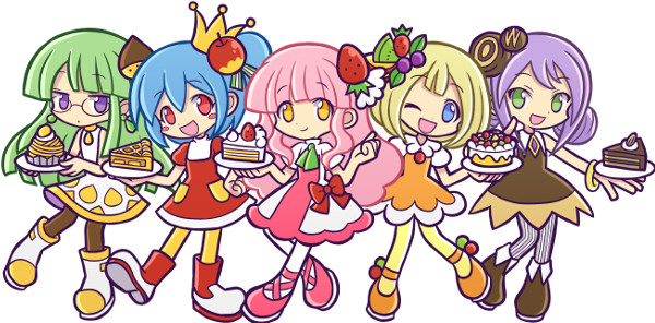 5girls, apple, applepina, blonde_hair, blue_eyes, blue_hair, boots, bow, brown_legwear, cake, chocolana, chocolate, chocolate_cake, crown, double_bun, earrings, expressionless, food, food-themed_hair_ornament, fruit, fruitina, full_body, glasses, green_eyes, green_hair, hair_bun, hair_ornament, jewelry, long_hair, mont_blanc_(food), montblana, multiple_girls, name_connection, object_namesake, official_art, one_eye_closed, pantyhose, pie, pink_hair, plate, purple_eyes, purple_hair, puyopuyo, puyopuyo_quest, red_eyes, round_eyewear, shoes, short_hair, skirt, smile, strawberina, strawberry, strawberry_hair_ornament, strawberry_shortcake, striped_clothes, striped_legwear, striped_pantyhose, takenami_hideyuki, vertical-striped_clothes, vertical-striped_pantyhose, white_background, white_legwear, wink, yellow_eyes, yellow_legwear